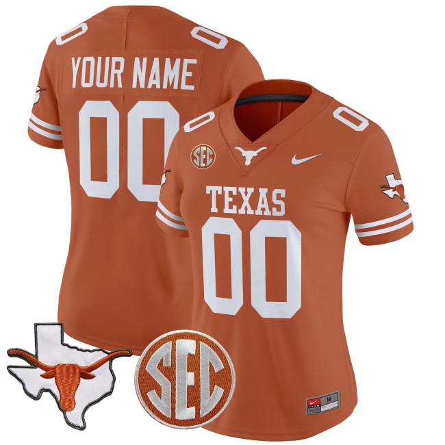 Women's Texas Longhorns Custom Orange 2025 State Map & SEC Patch Vapor Limited Stitched Football Jersey