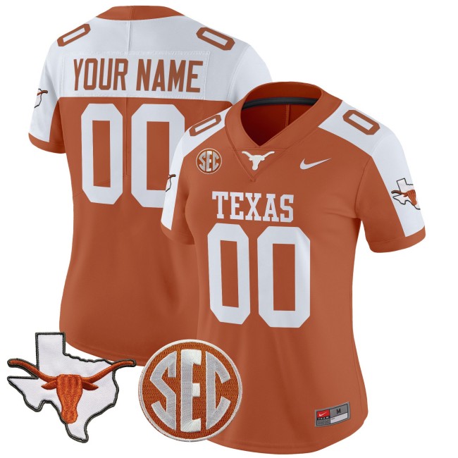 Women's Texas Longhorns Custom Orange Alternate 2025 State Map & SEC Patch Vapor Limited Stitched Football Jersey