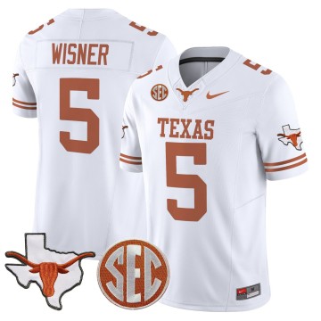 Men's Texas Longhorns #5 Quintrevion Wisner White 2025 F.U.S.E. State Map & SEC Patch Vapor Limited Stitched Football Jersey