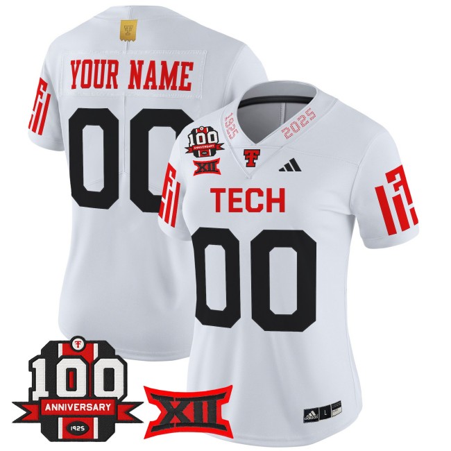 Women's Texas Tech Red Raiders Custom White 100th Anniversary Patch 2025 Vapor Limited Stitched Football Jersey Women's Texas Tech Red Raiders Custom White 100th Anniversary Patch 2025 Vapor Limited Stitched Football Jersey