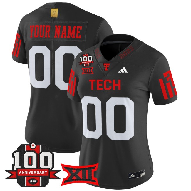 Women's Texas Tech Red Raiders Custom Black 100th Anniversary Patch 2025 Vapor Limited Stitched Football Jersey Women's Texas Tech Red Raiders Custom Black 100th Anniversary Patch 2025 Vapor Limited Stitched Football Jersey
