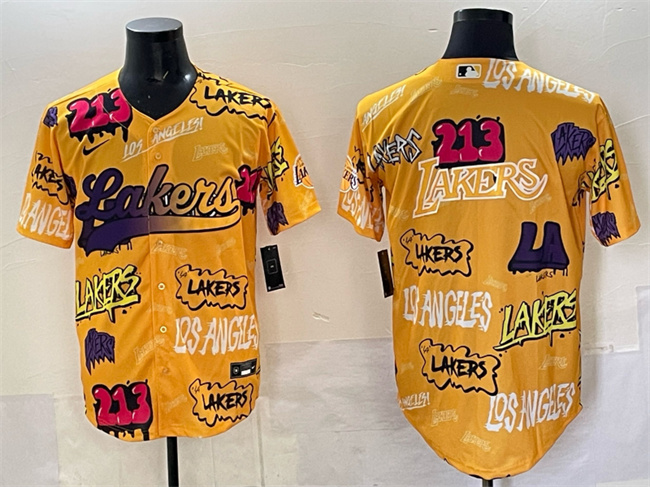 Men's Los Angeles Lakers Team Big Logo Yellow Limited Stitched Baseball Jerseys