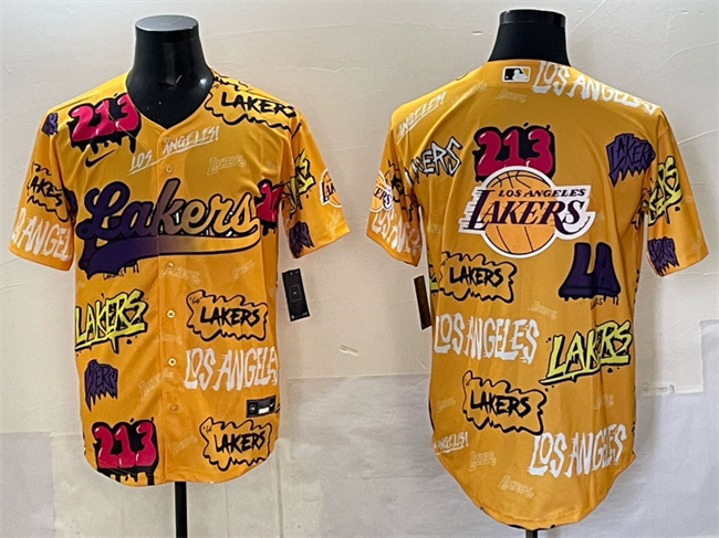 Men's Los Angeles Lakers Team Big Logo Yellow Nike Limited Stitched Baseball Jersey