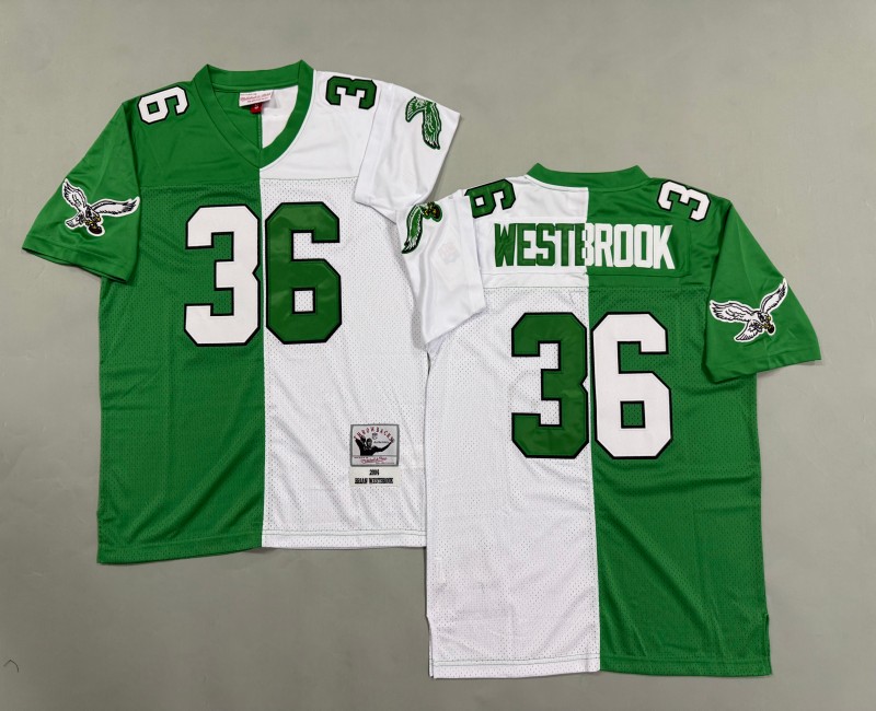 Men's Philadelphia Eagles #36 Brian Westbrook Mitchell & Ness 2004 Throwbacks Authentics Split Kelly Green White Jersey