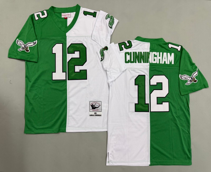 Men's Philadelphia Eagles #12 Randall Cunningham Mitchell & Ness 1990 Throwbacks Authentics Split Kelly Green White Jersey