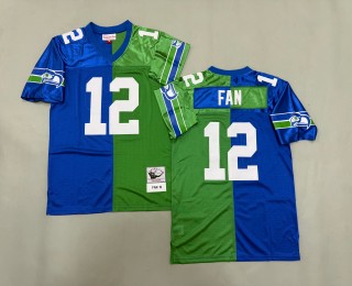 Men's Seattle Seahawks #12 FAN Throwbacks Authentics Mitchell & Ness NFL Jersey Green Royal Split