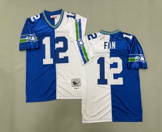 Men's Seattle Seahawks #12 FAN Throwbacks Authentics Mitchell & Ness NFL Jersey White Royal Split