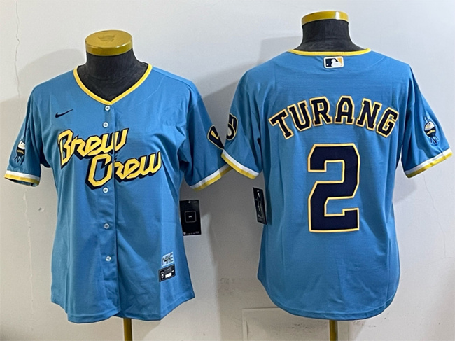 Women's Milwaukee Brewers #2 Brice Turang Powder Blue City Connect Cool Base Stitched Jersey(Run Small)