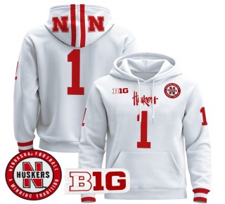 Men's Nebraska Cornhuskers #1 White 2025 Premium Pullover Hoodie - All Stitched