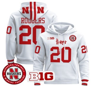 Men's Nebraska Cornhuskers #20 Johnny Rodgers White 2025 Premium Pullover Hoodie - All Stitched