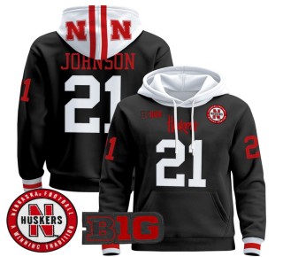 Men's Nebraska Cornhuskers #21 Emmett Johnson Black 2025 Premium Pullover Hoodie - All Stitched