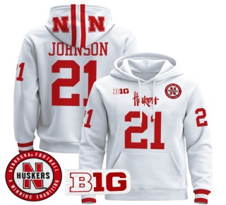 Men's Nebraska Cornhuskers #21 Emmett Johnson White 2025 Premium Pullover Hoodie - All Stitched