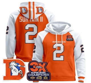 Men's Denver Broncos #2 Patrick Surtain II Orange Alternate Throwback Premium Pullover Hoodie 3X Super Bowl Pacth - All Stitched