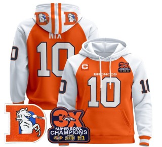 Men's Denver Broncos #10 Bo Nix Orange Alternate Throwback Premium Pullover Hoodie 3X Super Bowl Pacth - All Stitched