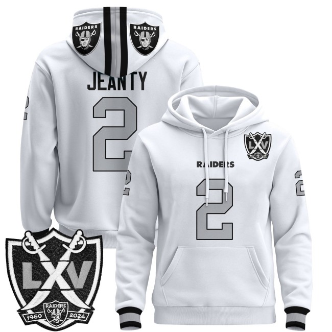 Men's Las Vegas Raiders #2 Asthon Jeanty White 2025 Premium Pullover Hoodie - All Stitched - 65th Anniversary Patch