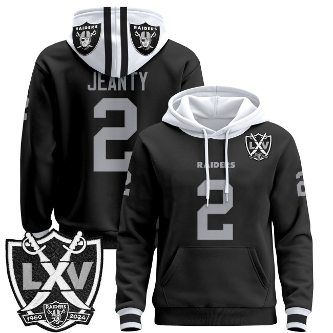 Men's Las Vegas Raiders #2 Asthon Jeanty Black 2025 Premium Pullover Hoodie - All Stitched - 65th Anniversary Patch