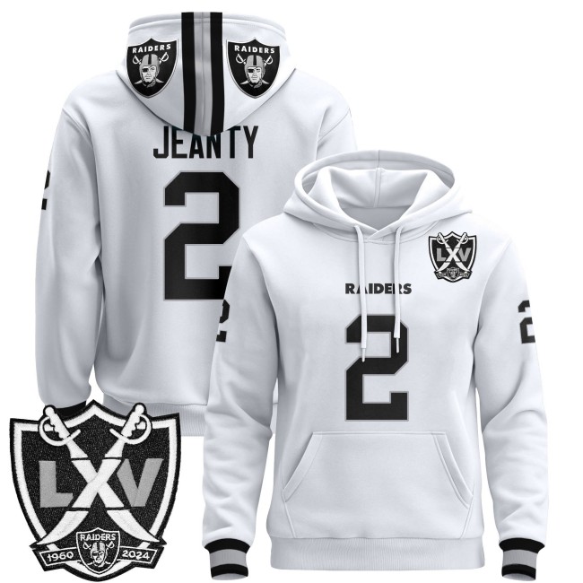 Men's Las Vegas Raiders #2 Asthon Jeanty White Limited 2025 Premium Pullover Hoodie - All Stitched - 65th Anniversary Patch