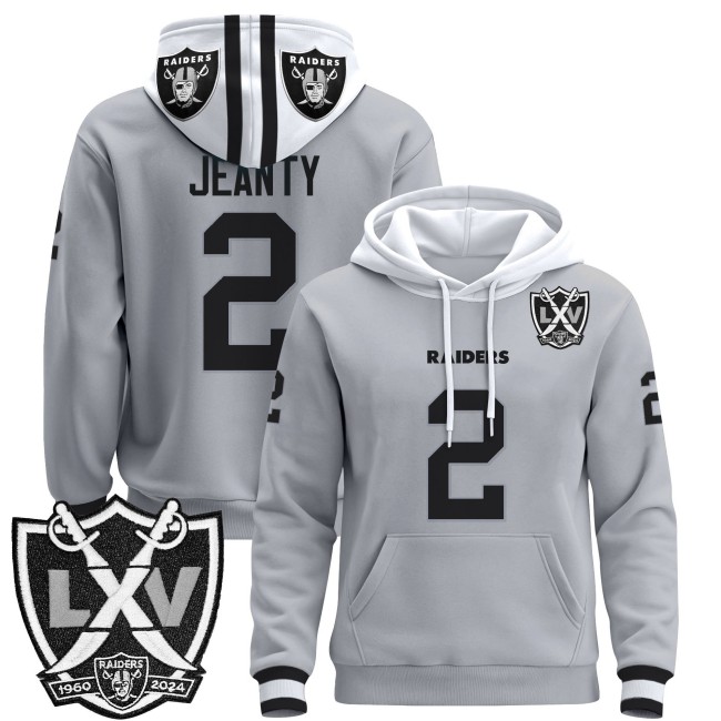 Men's Las Vegas Raiders #2 Asthon Jeanty Silver 2025 Premium Pullover Hoodie - All Stitched - 65th Anniversary Patch