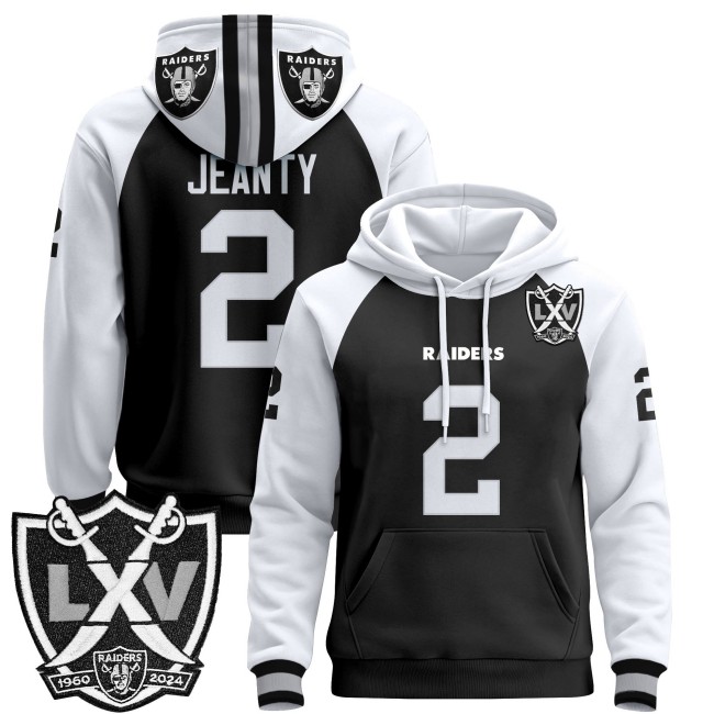 Men's Las Vegas Raiders #2 Asthon Jeanty Black White 2025 Premium Pullover Hoodie - All Stitched - 65th Anniversary Patch