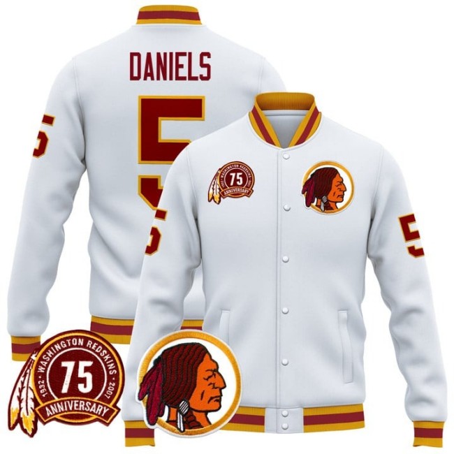 Men's Washington Redskins #5 Jayden Daniels White 75th Patch Premium Jacket - All Stitched