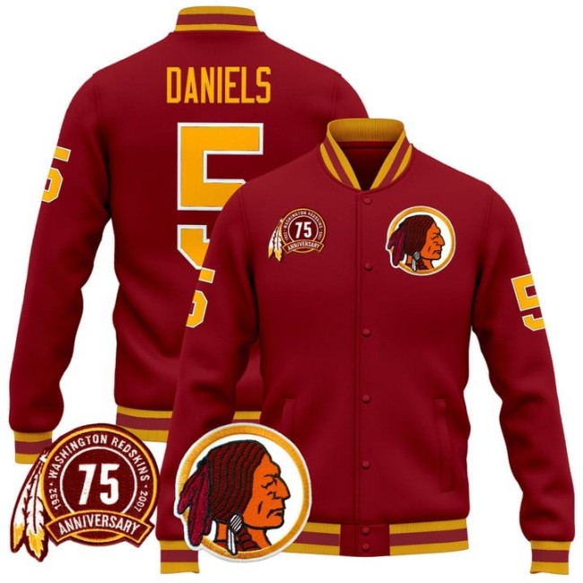 Men's Washington Redskins #5 Jayden Daniels Burgundy 75th Patch Premium Jacket - All Stitched