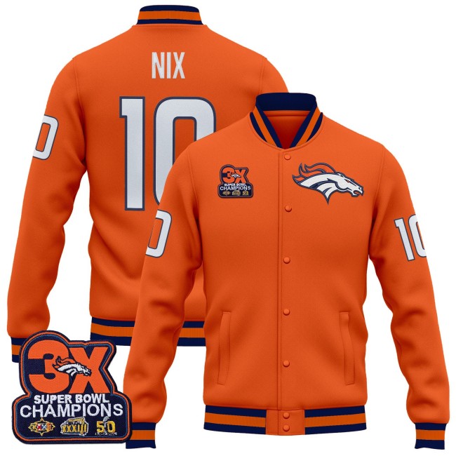Men's Denver Broncos #10 Bo Nix Orange 3-Time Champions Patch Premium Jacket - All Stitched