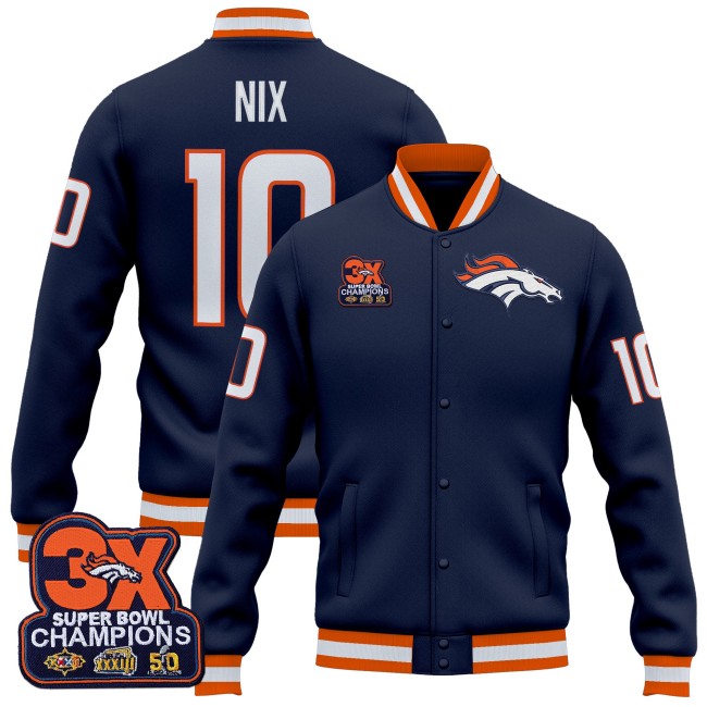 Men's Denver Broncos #10 Bo Nix Navy 3-Time Champions Patch Premium Jacket - All Stitched