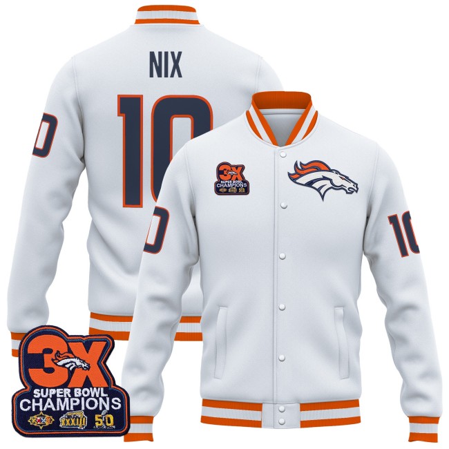 Men's Denver Broncos #10 Bo Nix White 3-Time Champions Patch Premium Jacket - All Stitched