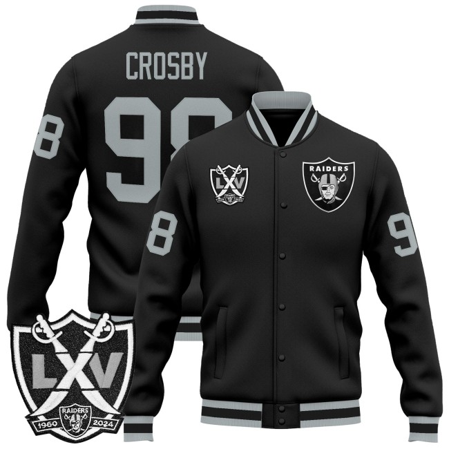 Men's Las Vegas Raiders #98 Maxx Crosby Black 65th Anniversary Patch Premium Jacket - All Stitched