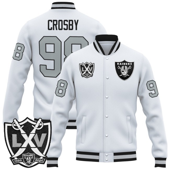 Men's Las Vegas Raiders #98 Maxx Crosby White 65th Anniversary Patch Premium Jacket - All Stitched