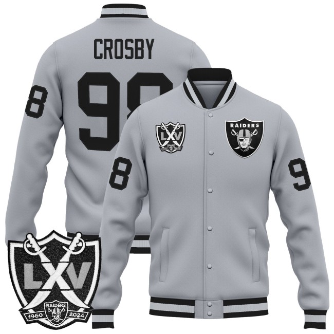 Men's Las Vegas Raiders #98 Maxx Crosby Silver 65th Anniversary Patch Premium Jacket - All Stitched