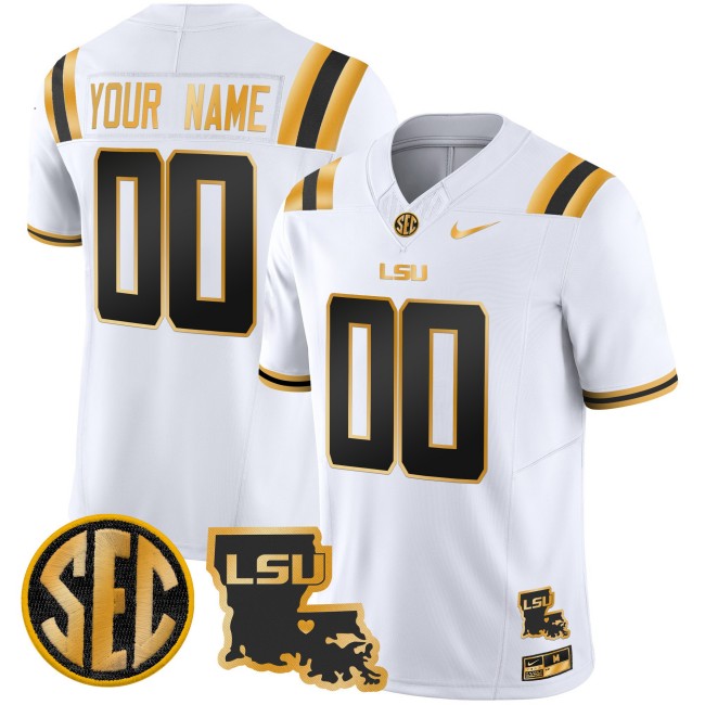 LSU Tigers Custom White Gold 2025 Nike F.U.S.E. Limited Football Jersey LA State Map Patch LSU Tigers Custom White Gold 2025 Nike F.U.S.E. Limited Football Jersey LA State Map Patch