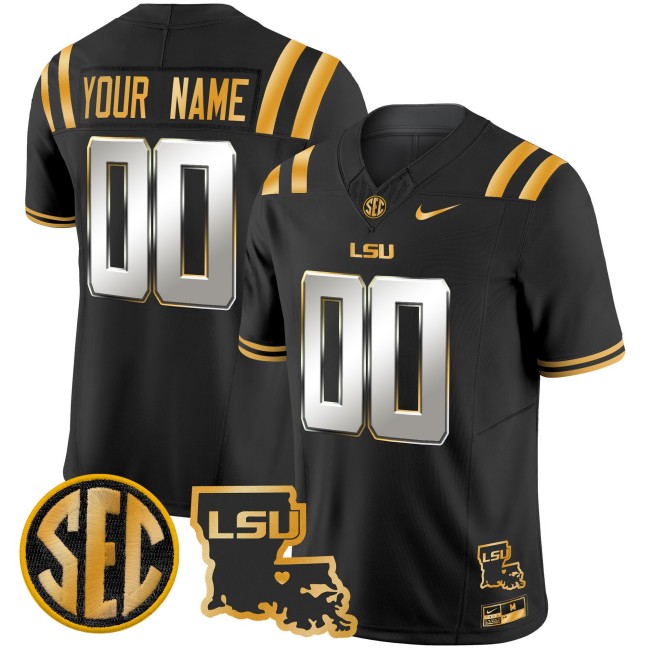 LSU Tigers Custom Black Gold Silver 2025 Nike F.U.S.E. Limited Football Jersey LA State Map Patch LSU Tigers Custom Black Gold Silver 2025 Nike F.U.S.E. Limited Football Jersey LA State Map Patch