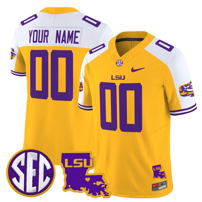 All Gender LSU Tigers Custom Gold White 2025 LA State Map Patch Nike F.U.S.E. Vapor Limited Football Jersey All Gender LSU Tigers Custom Gold White 2025 LA State Map Patch Nike F.U.S.E. Vapor Limited Football Jersey