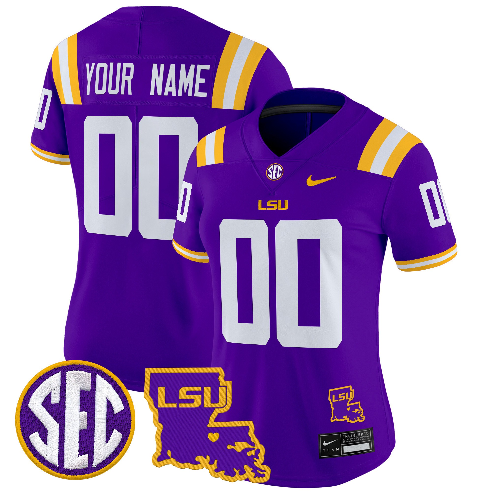Women's LSU Tigers Custom Purple 2025 Nike LA State Map Patch Vapor Limited Football Jersey Women's LSU Tigers Custom Purple 2025 Nike LA State Map Patch Vapor Limited Football Jersey