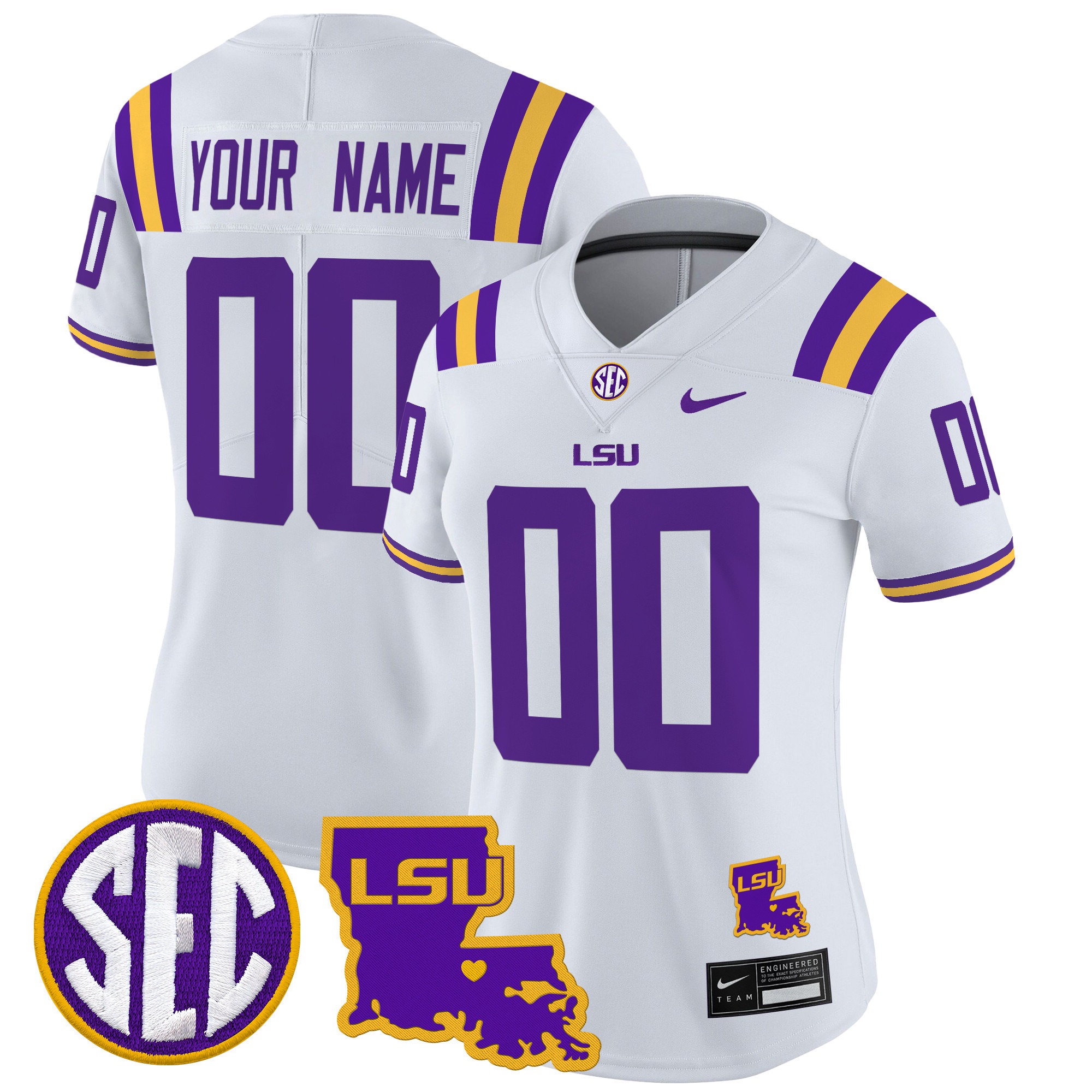 Women's LSU Tigers Custom White 2025 Nike LA State Map Patch Vapor Limited Football Jersey Women's LSU Tigers Custom White 2025 Nike LA State Map Patch Vapor Limited Football Jersey