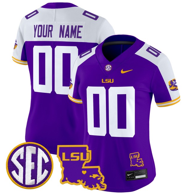 Women's LSU Tigers Custom 2025 Nike LA State Map Patch Vapor Limited Football Jersey Purple Alternate Women's LSU Tigers Custom 2025 Nike LA State Map Patch Vapor Limited Football Jersey Purple Alternate