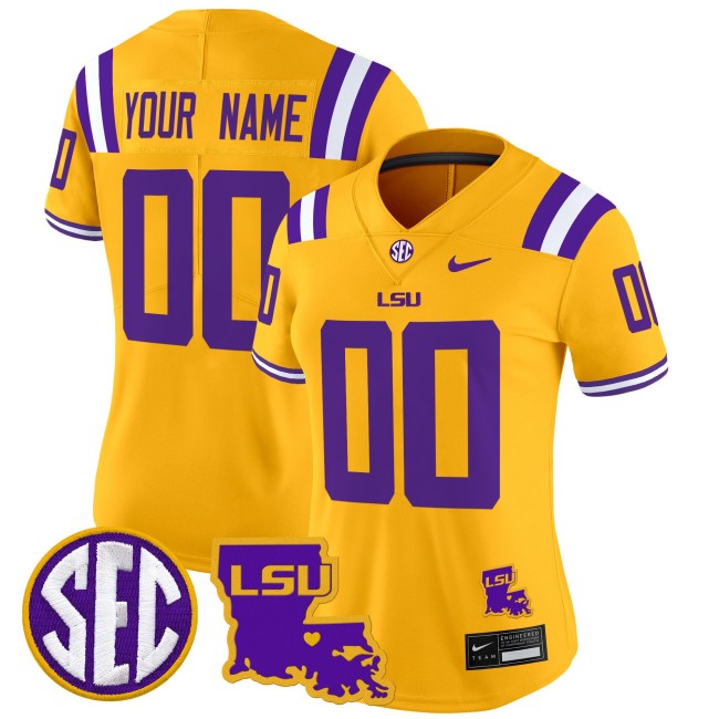 Women's LSU Tigers Custom Gold 2025 Nike LA State Map Patch Vapor Limited Football Jersey Women's LSU Tigers Custom Gold 2025 Nike LA State Map Patch Vapor Limited Football Jersey