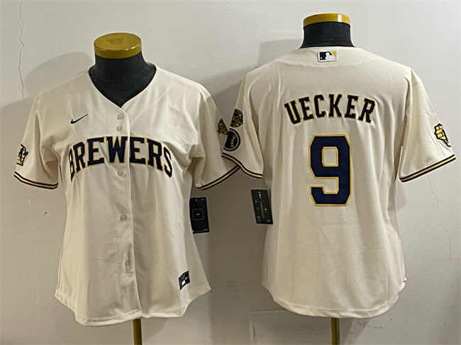 Youth Milwaukee Brewers #9 Bob Uecker Cream With Home & Bob Uecker Patch Stitched Jersey