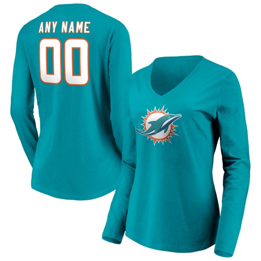 Women's Miami Dolphins Team Personalized Name & Number Long Sleeve V-Neck T-Shirt - Aqua Women's Miami Dolphins Team Personalized Name & Number Long Sleeve V-Neck T-Shirt - Aqua