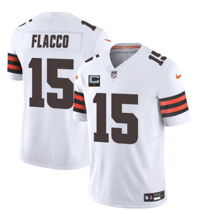 Men's Cleveland Browns #15 Joe Flacco White 2025 F.U.S.E. With 1-Star C Patch Vapor Limited Stitched Football Jersey