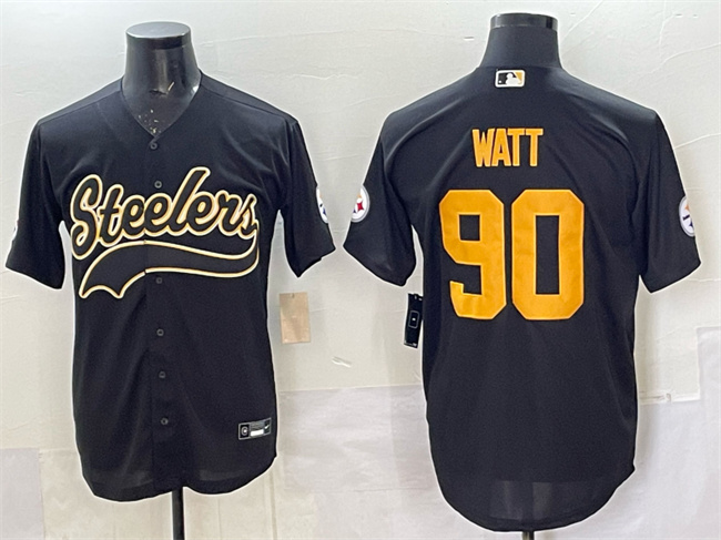 Men's Pittsburgh Steelers #90 T.J. Watt Black Cool Base Stitched Baseball Jersey Men's Pittsburgh Steelers #90 T.J. Watt Black Cool Base Stitched Baseball Jersey