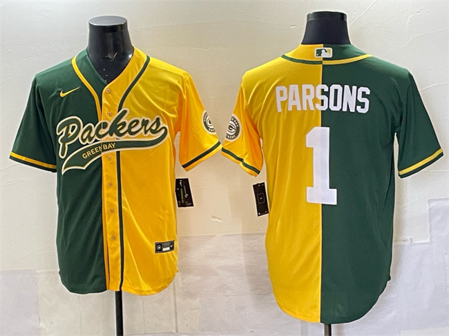 Men's Green Bay Packers #1 Micah Parsons Green_Gold Split Cool Base Stitched Baseball Jersey Men's Green Bay Packers #1 Micah Parsons Green_Gold Split Cool Base Stitched Baseball Jersey