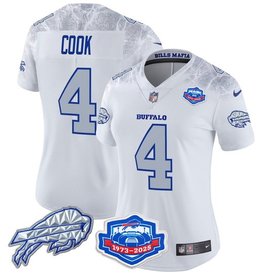 Women's Buffalo Bills #4 James Cook White Rivalries Farewell Season Patch 2025 Limited Stitched Jersey