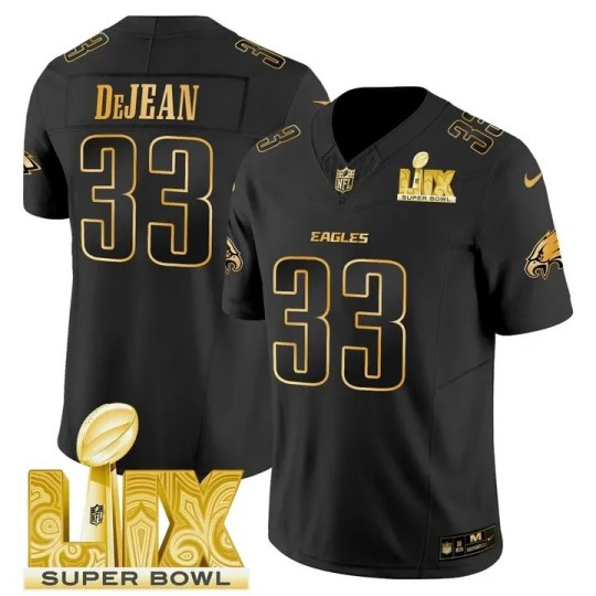 Men's Eagles #33 Cooper DeJean Black Gold 2025 Super Bowl LIX Patch F.U.S.E. Vapor Limited Stitched Jersey