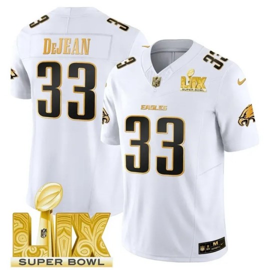 Men's Eagles #33 Cooper DeJean White Gold 2025 Super Bowl LIX Patch F.U.S.E. Vapor Limited Stitched Jersey