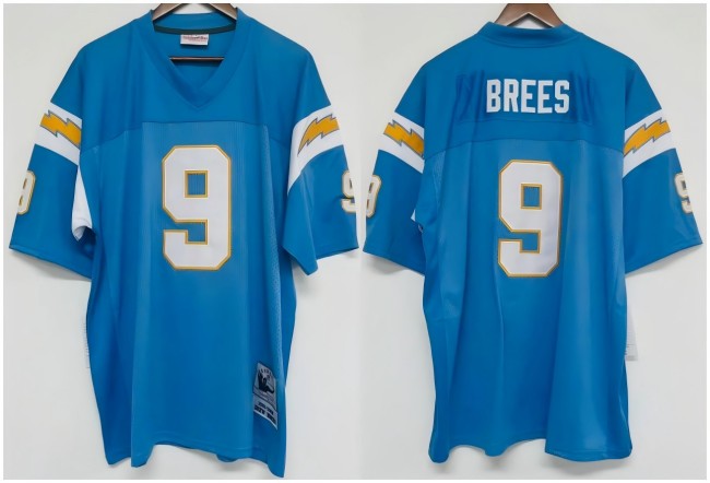 Men's San Diego Chargers #9 Drew Brees Light Blue Throwback 2001-2005 Mitchell & Ness Stitched Jersey