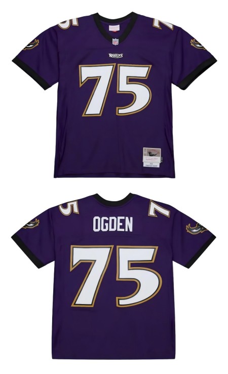 Men's Baltimore Ravens #75 Jonathan Ogden Purple 1996 Mitchell Ness Stitched Jersey