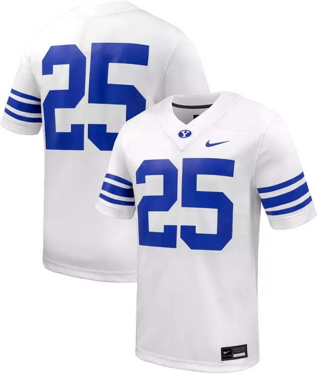Men's BYU Cougars #25 White Nike Replica Road Stitched Football Jersey