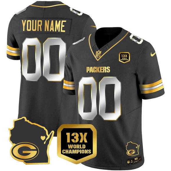 Men's Green Bay Packers ACTIVE PLAYER Custom Black Gold F.U.S.E. 13 Time World Champions & Home Patch Vapor Limited Stitched Football Jersey